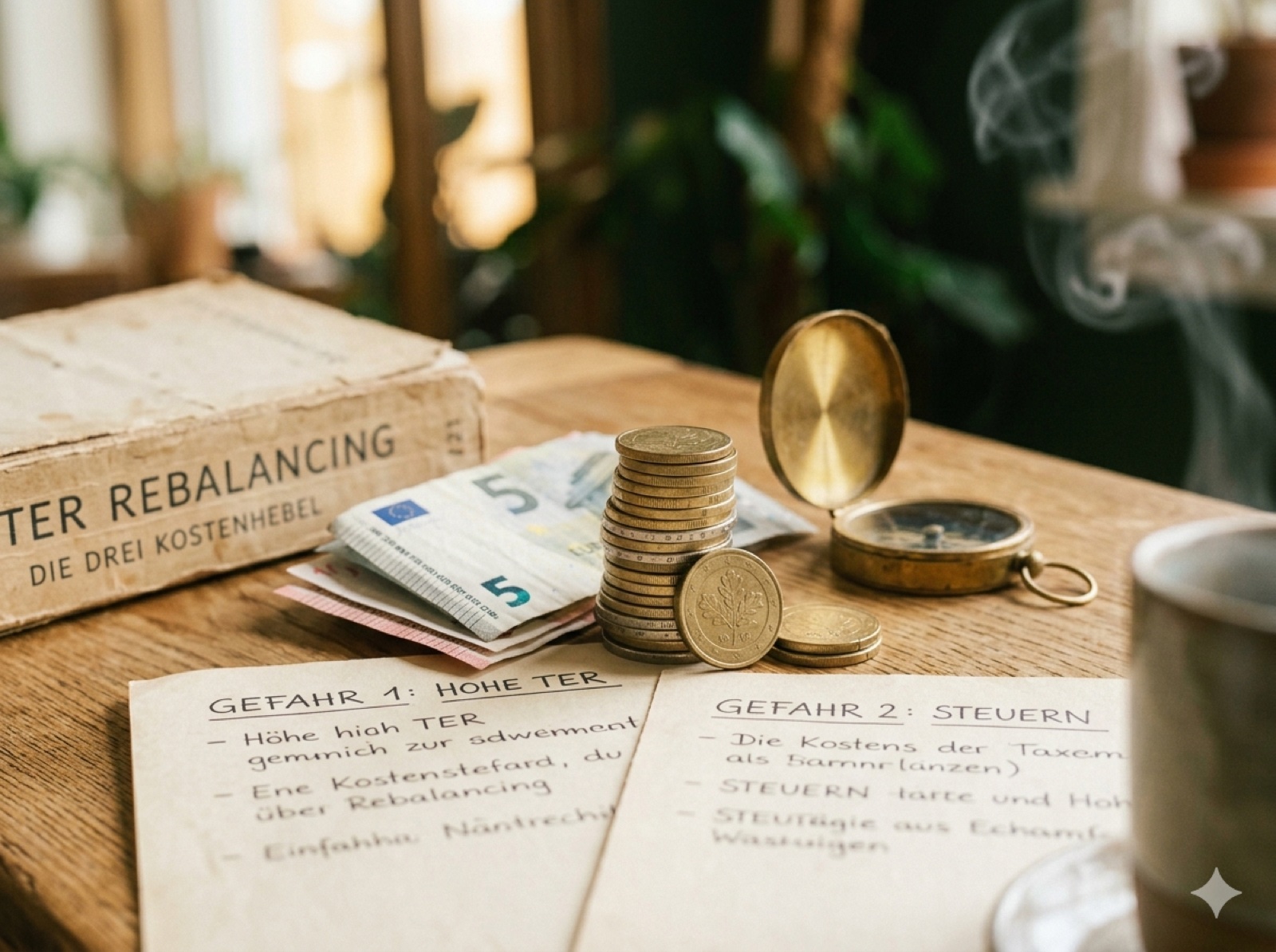 Schachtel mit Aufschrift TER Rebalancing — Die drei Kostenhebel, daneben Münzen, Geldscheine und ein Kompass